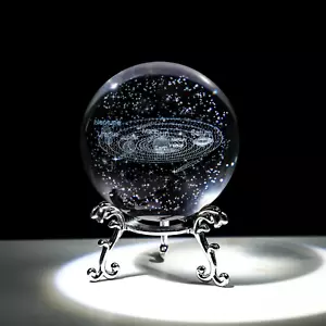 3D Laser Engraved Solar System Crystal Ball Figurine with Silver Base 60Mm Cryst - Picture 1 of 6
