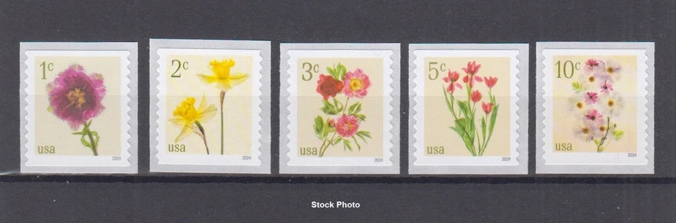 US Postage - 2024 Flower coil Singles - 5902 - 5906 - Tulips, Peonies, Poppies - Image 1 of 1