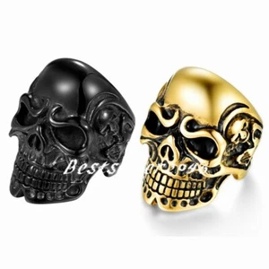 Mens Gothic Retro Skull Ring Stainless Steel Biker Punk Jewelry Band Size 7-14 - Picture 1 of 20