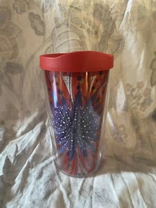 Tervis Tasse mit Deckel lila und rote Blume 16oz GUC - Bild 1 von 5