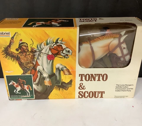 Vintage 1970's Gabriel LONE RANGER SCOUT & TONTO Action Figures Horse in Box Cover