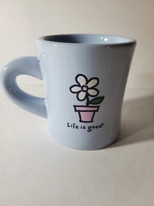 Life Is Good Becher Tasse Diner Style Kaffeebecher Pflanzenbild blau rosa weiß - Bild 1 von 8