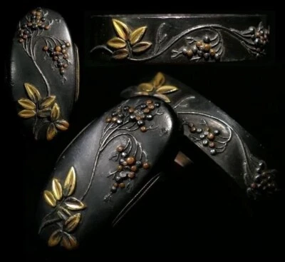 Pintura con incrustación de uva Fuchi Kashira espada japonesa Edo antigua *sin caja Foto 1 de 4