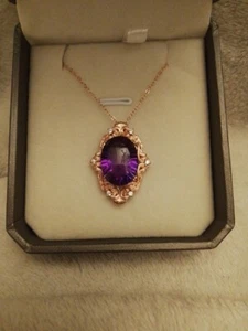 Beautiful Silver 925 Gilt With Rose Gold Plated Pendant Large Amethyst Oval Cut - Picture 1 of 6