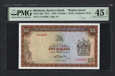 Rhodesia 5 Dollars 15-05-1979 P40a* Replacement Extremely Fine - Image 1 of 2