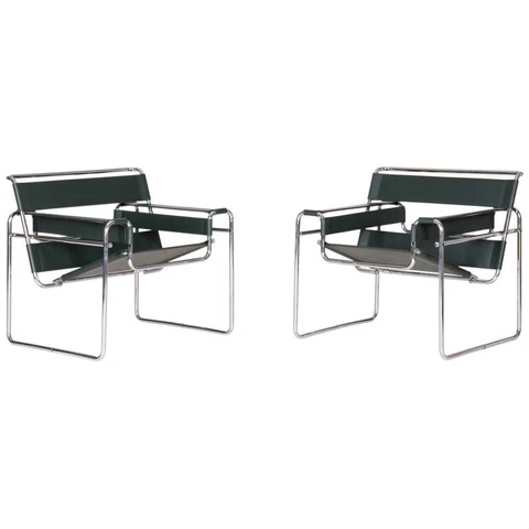 Marcel Breuer Wassily Style Chrome Black Leather Chairs (Pair) Cover