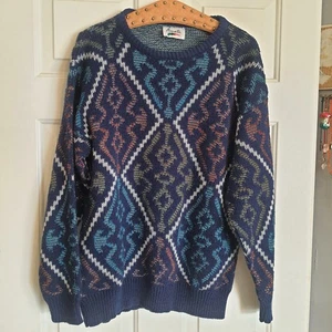 Vintage Amati 90s Geometric Pattern Knit Sweater Adult Medium Blue Purple Argyle - Bild 1 von 6
