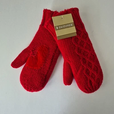 Isotoner Rojo Cable Tejido De Colección 2003 Piel Sintética Forrada Gamuza Palma Mitones Mujer OS Foto 1 de 4