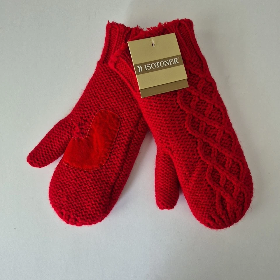 Isotoner красный кабель трикотажа винтажный 2003 искусственного меха с подкладкой замши ладони варежки женщин OS - Изображение 1 из 4