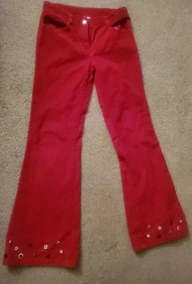 Pantalones de jean de pana rojos acampanados Gymboree negro blanco dobladillo con botones talla 12 para niñas  Foto 1 de 4
