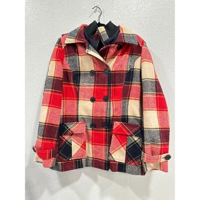 Young Threads Women's Plaid Double Breasted Wool Blend Coat Sz L Large Red Black - Image 1 of 4
