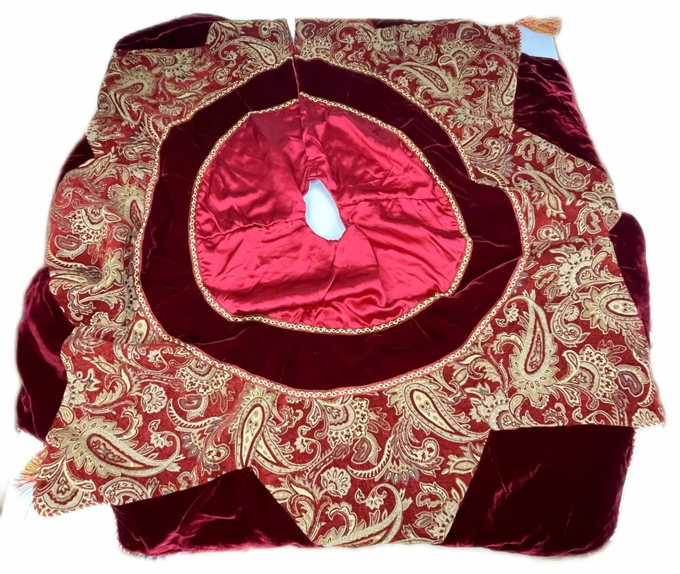 Frontgate Christmas Tree Skirt Red Tapestry Brocade Velvet Satin Tassels - Image 1 of 4