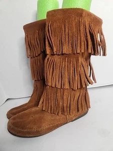 Botas occidentales boho Minnetonka para mujer 8M marrón gamuza 3 capas flecos borla - Imagen 1 de 10