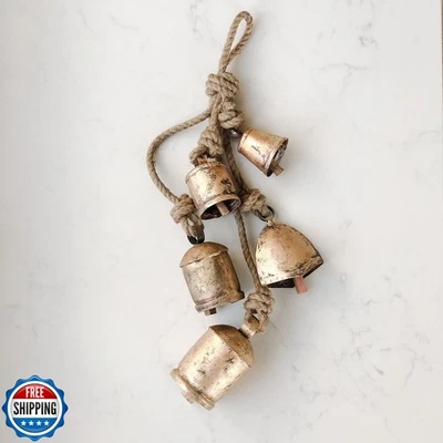 LIMBAD Handmade Iron Bell Hanging Chime Brass Finish Wall Rope 5 Bells Cluste - Image 1 of 4