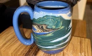 Studio Art Coffee Cup Agateware Mixed Clay Swirl Bryan Johnson 1992 Blues Mint - Picture 1 of 8