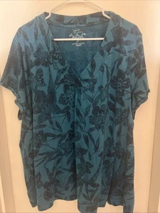 Women’s Sonoma Size 3X Blue Floral V-neck T-shirt Cotton Blend Short Sleeve - Photo 1/4