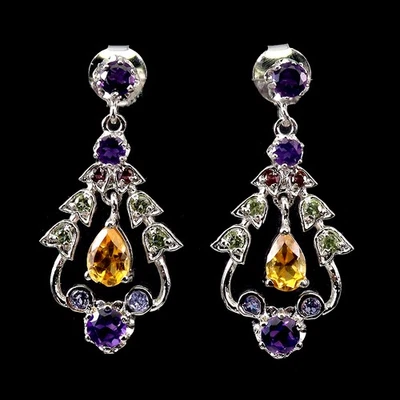 925 Sterling Silver Earrings Pear Citrine Amethyst Peridot Natural Gemstone Jewe - Image 1 of 4