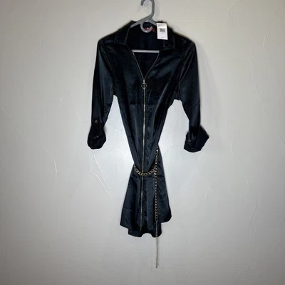 *NUEVO CON ETIQUETAS* Vestido camisero Guess Galina negro satinado con cremallera con cinturón de cadena talla M Barbiecore Foto 1 de 4