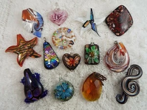 14 pcs Glass Necklace Pendant LOT | Hearts, Frog, Treble Clef, Peace + (F26) - Picture 1 of 6