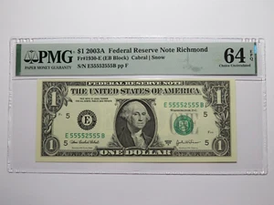 $1 2003 Near Solid Serial Number Federal Reserve Bank Note Bill UNC64 #55552555 - Picture 1 of 4