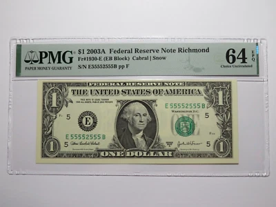 $1 2003 Near Solid Serial Number Federal Reserve Bank Note Bill UNC64 #55552555 - Image 1 of 4