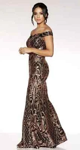 QUIZ BLACK GOLD SEQUIN EVENING PARTY PROM MAXI DRESS SIZE 10 WEDDING CRUISE GOWN - Picture 1 of 7