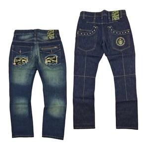 Rebel Ape Army Camo Patch Studded Slim Fit Denim Jeans Men’s Biker Ripped Pants - Picture 1 of 9
