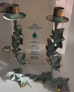 Ivy Trellis Candlestick Pair Brass Accents Green Patina 9x4x2” Party Lite - Picture 1 of 7