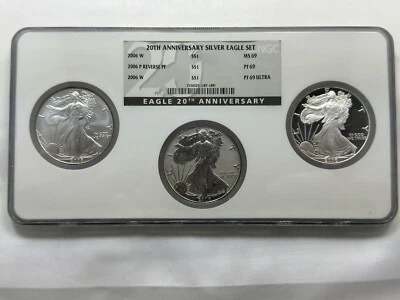 2006 American Silver Eagle 20th Anniversary 3 Coin Set NGC MS69 PF69 PF69 Ultra - Image 1 of 4