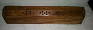 Wooden Carved Coffin Incense Burner Cone Holder Box 12" Hand Carved Brass Inlay - Picture 1 of 6
