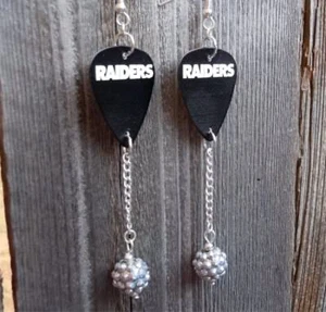 NFL Oakland Raiders Guitar Pick Earrings with Silver Rhinestone Bead Dangles - Picture 1 of 4