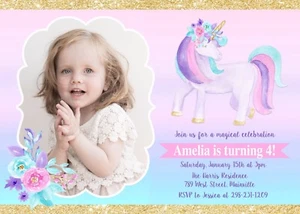 Unicorn Invitation, Unicorn Birthday, Invitation, Floral, Gold, Pink - Picture 1 of 1