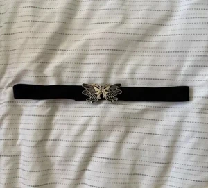 VINTAGE 1970-80s WOMAN’S  STRETCH BLACK BUTTERFLY BUCKLE BELT RETRO GRANNY CORE - Picture 1 of 5