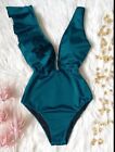 Ruffle Shoulder Full Coverage High Waist One Piece Swimsuit Teal Color Small