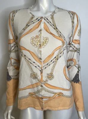 Cardigã suéter J McLaughlin marfim cinza pêssego L mistura de algodão botões de pérola - Imagem 1 de 4