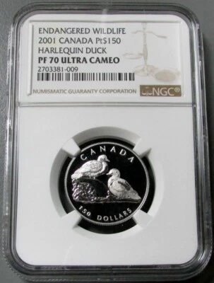 2001 PLATINUM CANADA 448 MINTED $150 HARLEQUIN DUCK NGC PROOF 70 ULTRA CAMEO - Image 1 of 3