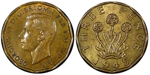 Great Britain George VI Nickel-Brass 1945 3 Pence WWII Issue UNC KM# 849 (423) - Picture 1 of 3