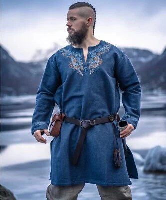 SALE! Wikinger Tunika mit Urnes-Stil Handstickerei Graublau Gr.XXL - Bild 1 von 4