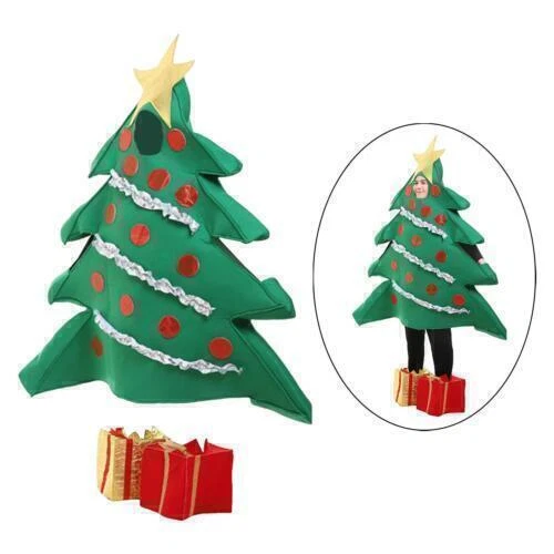 Kinder Weihnachtsbaum Kostüm – ärmelloses Kleid + Hut Mit Fellbällen, Grün, Größe 42