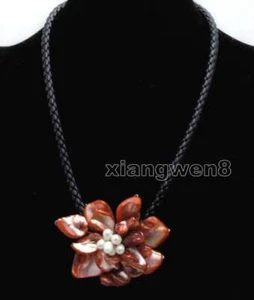 70mm Red Baroque Shell Pearl Flower pendant and Black Rope 18'' Necklace-6316 - Picture 1 of 6