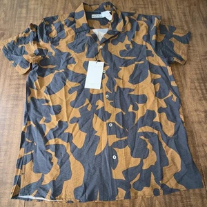 Ike Behar Button Up Shirt Short Sleeve Men Texture XL Foliage Brown/Black - Picture 1 of 5