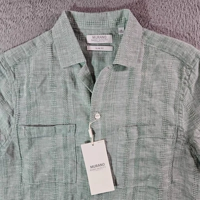 $89 NUEVA Camisa de Lino Murano Baird Mcnutt Hombres Pequeña Calce Ajustado Manga Corta Verde Foto 1 de 4