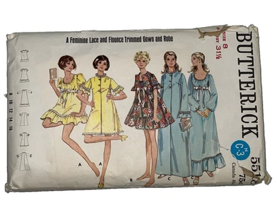 Vtg 60's Butterick 5518 ROBE & FLOUNCY NIGHTGOWN  Sewing Pattern Women Sz 8 UC - Image 1 of 2