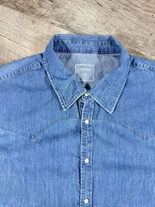 VNTG 90’s J.Peterman Denim Pearl Snap Long Sleeve Button Up Shirt Size 2XL - Picture 1 of 12