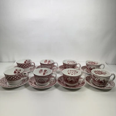Spode Blue Room Red 8 Cups & 8 Saucers Girl At Well, Floral, Botanical, Geranium - Image 1 of 4
