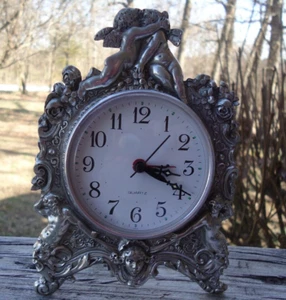 Reloj de Escritorio Art Nouveau De Colección Peltre Querubín Ornado Repujado Decoración Eduardiana Griega - Imagen 1 de 12