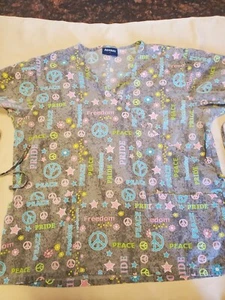 Women's V-Neck Scrub Top - Peace/Freedom/Pride theme - L or XL - Meas included - Picture 1 of 11