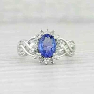 2Ct Oval Cut Lab-Created Tanzanite Halo Engagement Ring 14K White Gold Plated - Picture 1 of 5