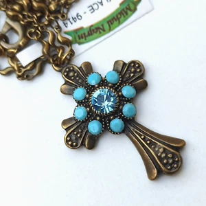 Michal Negrin Cross Necklace Red Pink Flowers & Swarovski Crystal Christmas Gift - Picture 1 of 12