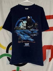 Vintage Y2K Planet Earth T Shirt Large Nature Animals Navy Blue Graphic Tee - Picture 1 of 5